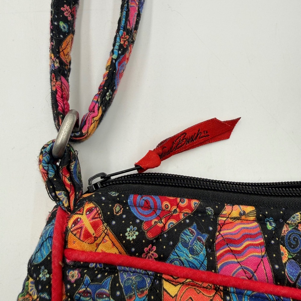 Laurel Burch Colorful Cat Print Crossbody Bag Black Multicolor Zip Shoulder - Picture 3 of 11